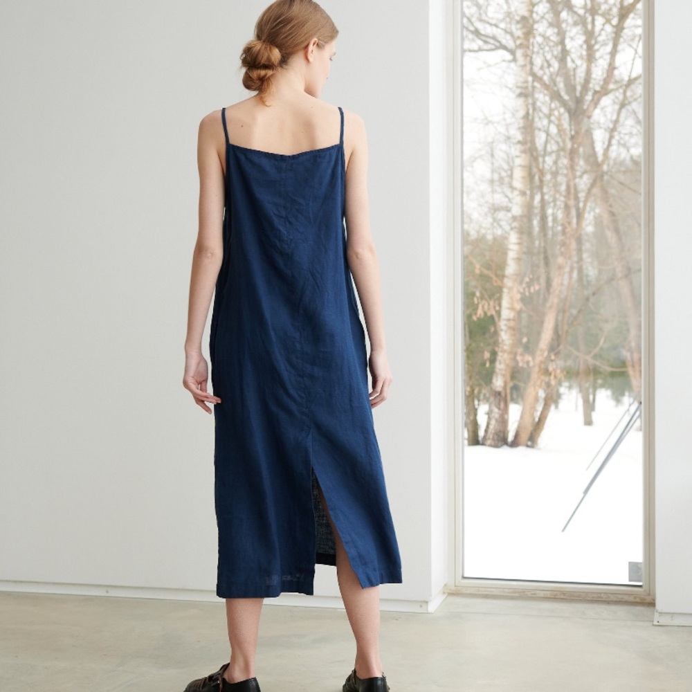 Navy Blue Linen Slip Dress Linenfox - Picture 2 of 6